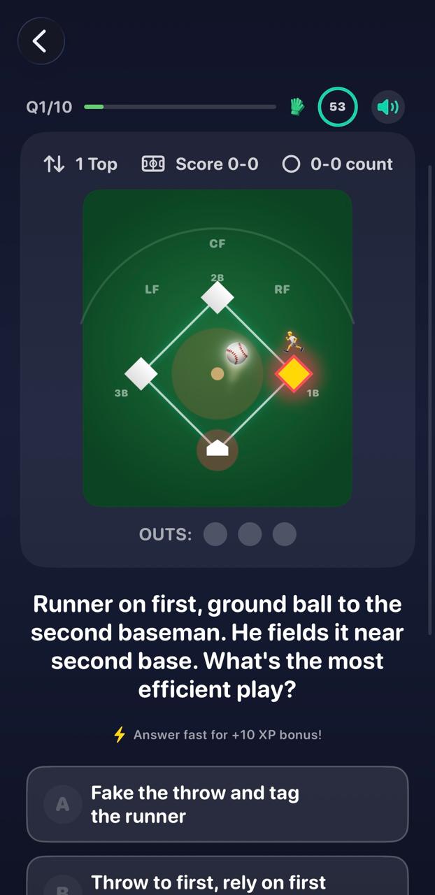 Baseball IQ Pro gameplay screen showing baseball trivia question with answer options and score tracker