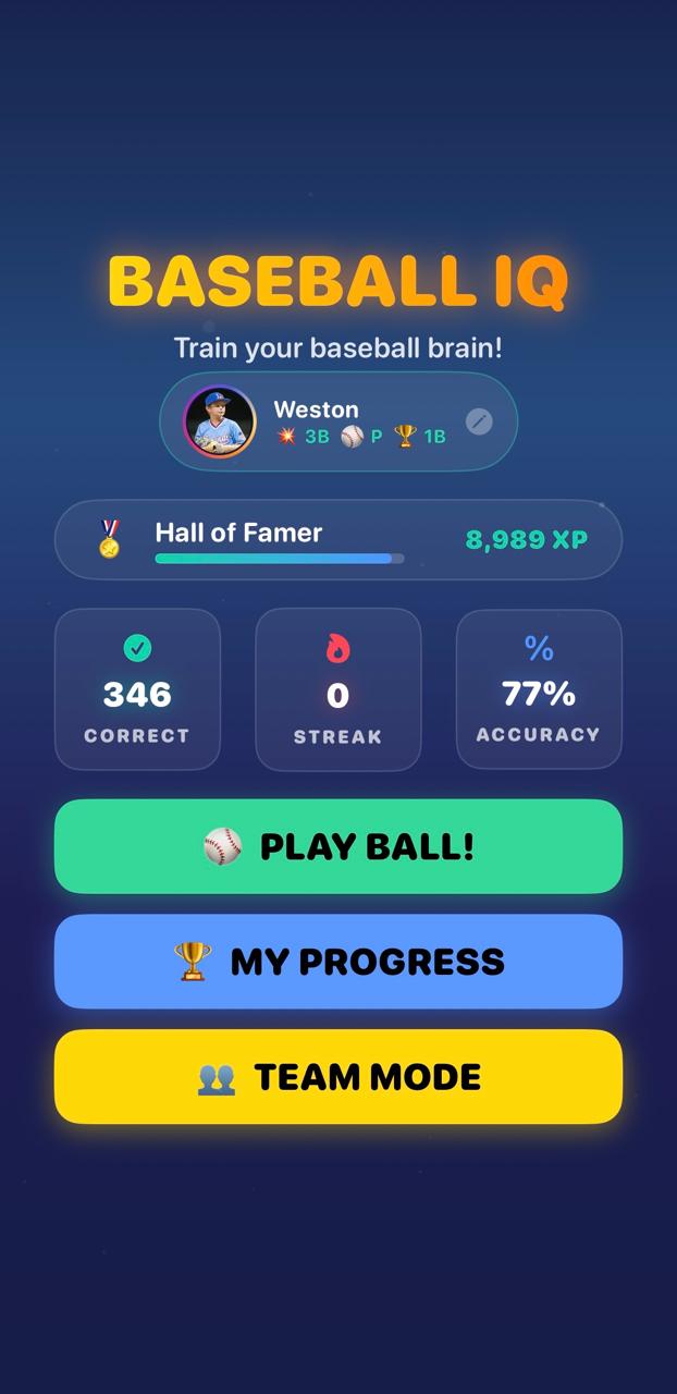 Baseball IQ Pro home screen - Weston Hall of Famer with 8989 XP